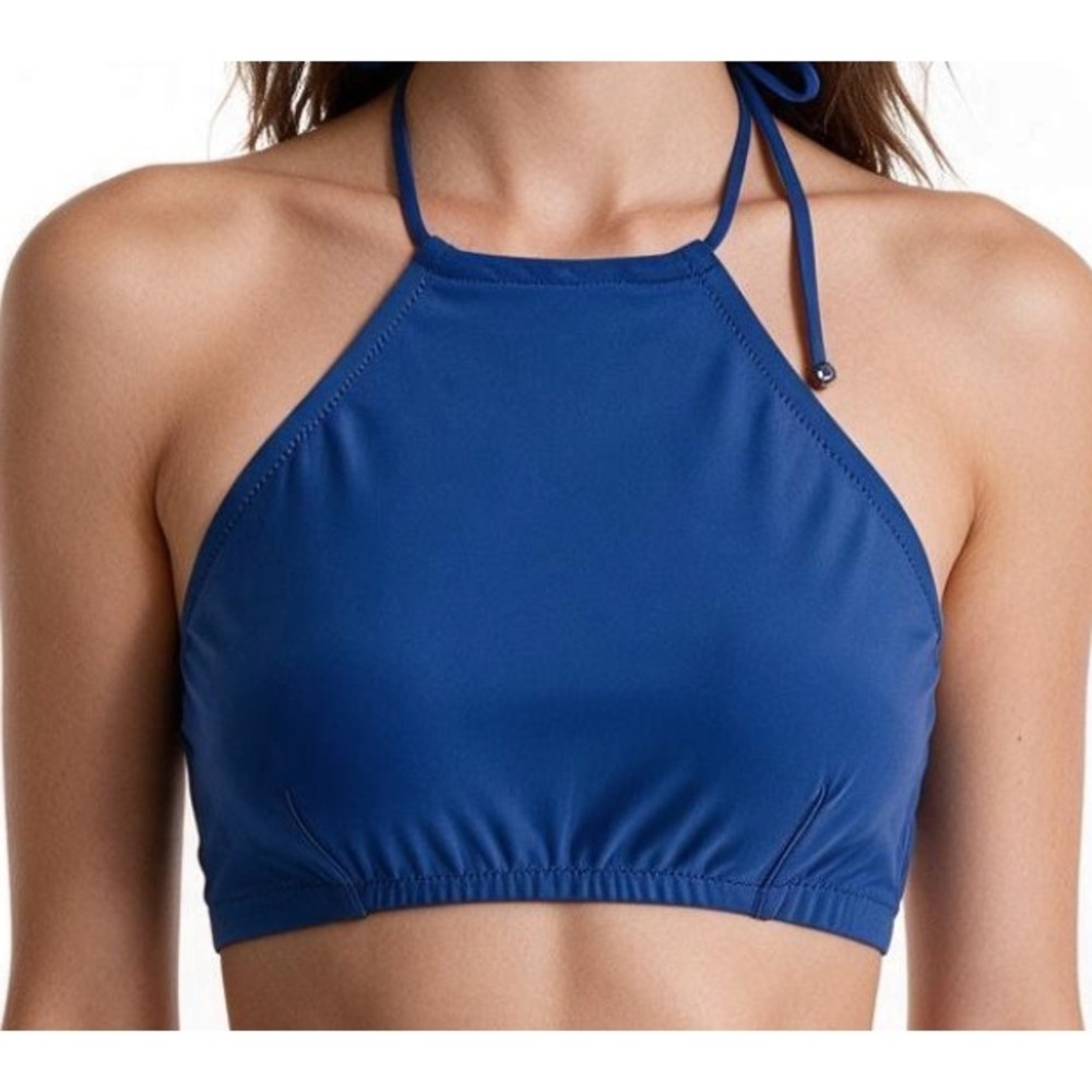 J. Crew Bikini Top HIGH NECK HALTER Royal Cobalt Blue Tie Back Swim Suit SIZE L